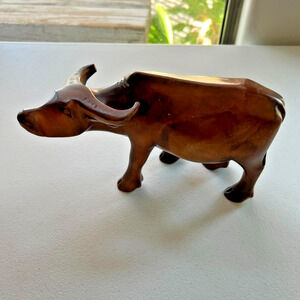 Vintage Water Buffalo Small Wood Figurine Sculpture Hand Carved 6" High